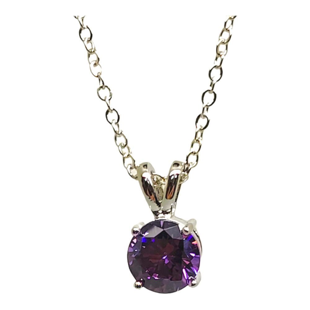 Rhodium Plated Silver 2ct Round Amethyst Solitaire Pendant 16-18" Rolo Chain